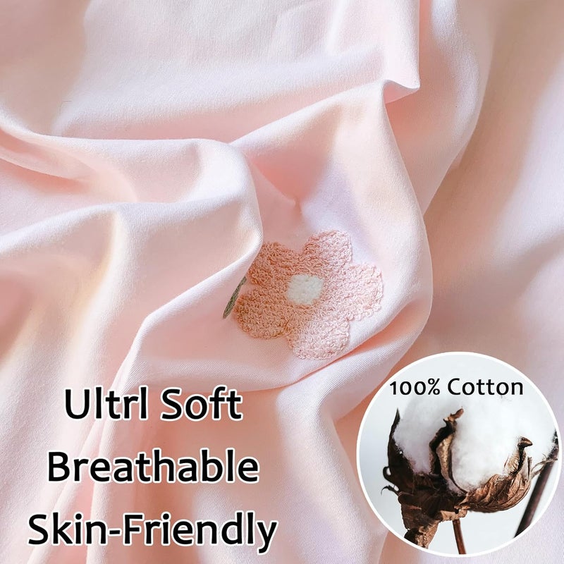 MorroMorn Cotton Duvet Cover Queen Size, 3D Embroidery Queen Bedding Sets Pink Bed Set, Cute Chenille Embroidered Comforter Covers Soft Breathable for Girls Boys Kids Teen (Flowers Pink, Full/Queen) - Image 2